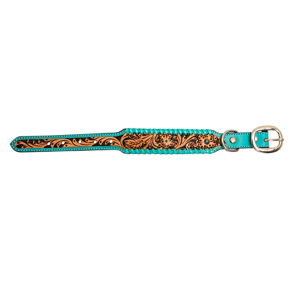 TEAL LACED HAND-TOOLED PADDED LEATHER DOG COLLAR