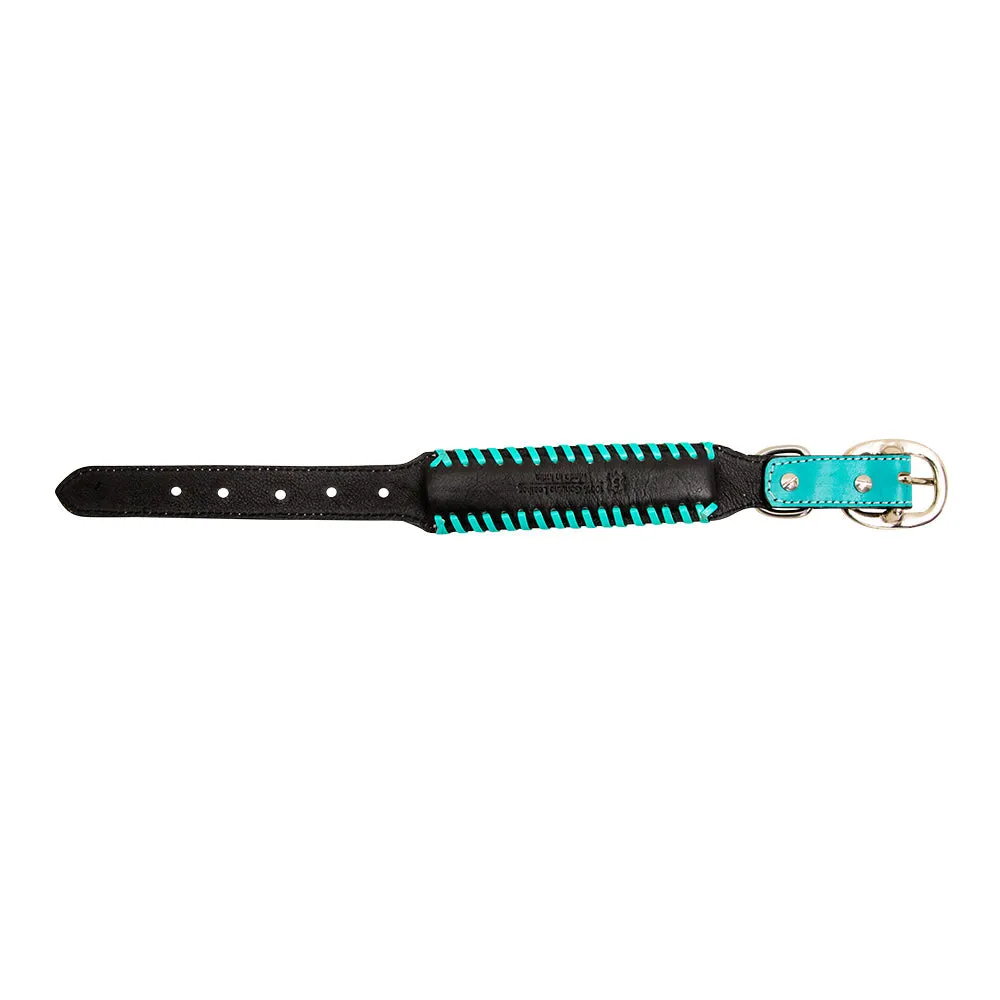 TEAL LACED HAND-TOOLED PADDED LEATHER DOG COLLAR