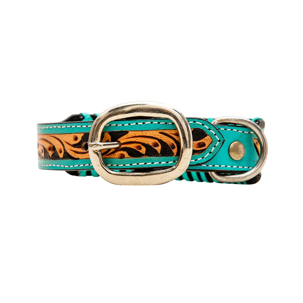 TEAL LACED HAND-TOOLED PADDED LEATHER DOG COLLAR