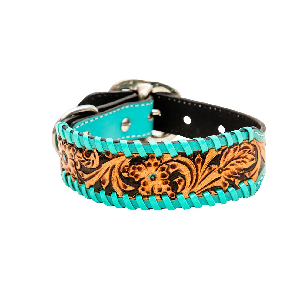 TEAL LACED HAND-TOOLED PADDED LEATHER DOG COLLAR