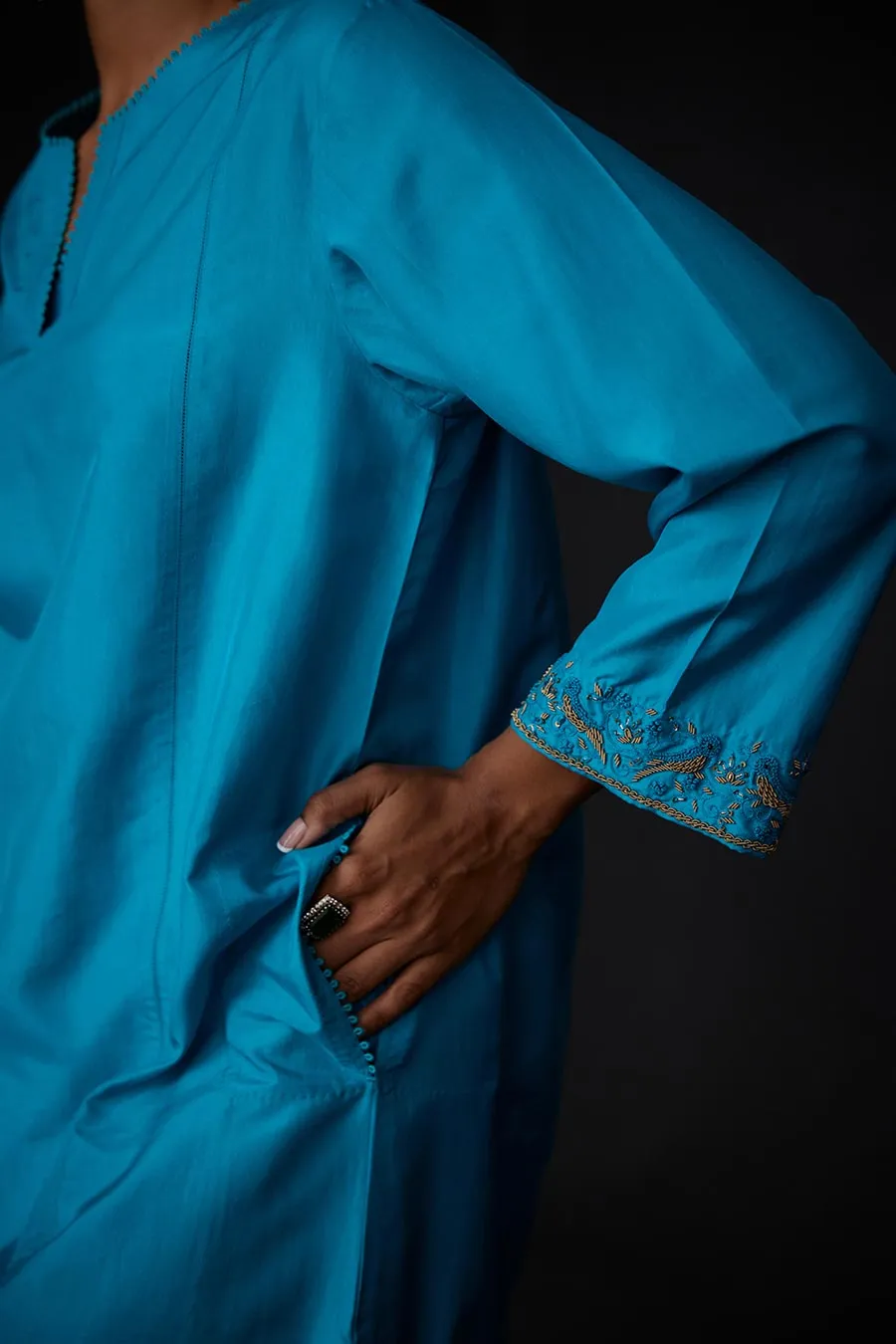 Turquoise Blue Pintuck Tunic & Embroidered Pant Set