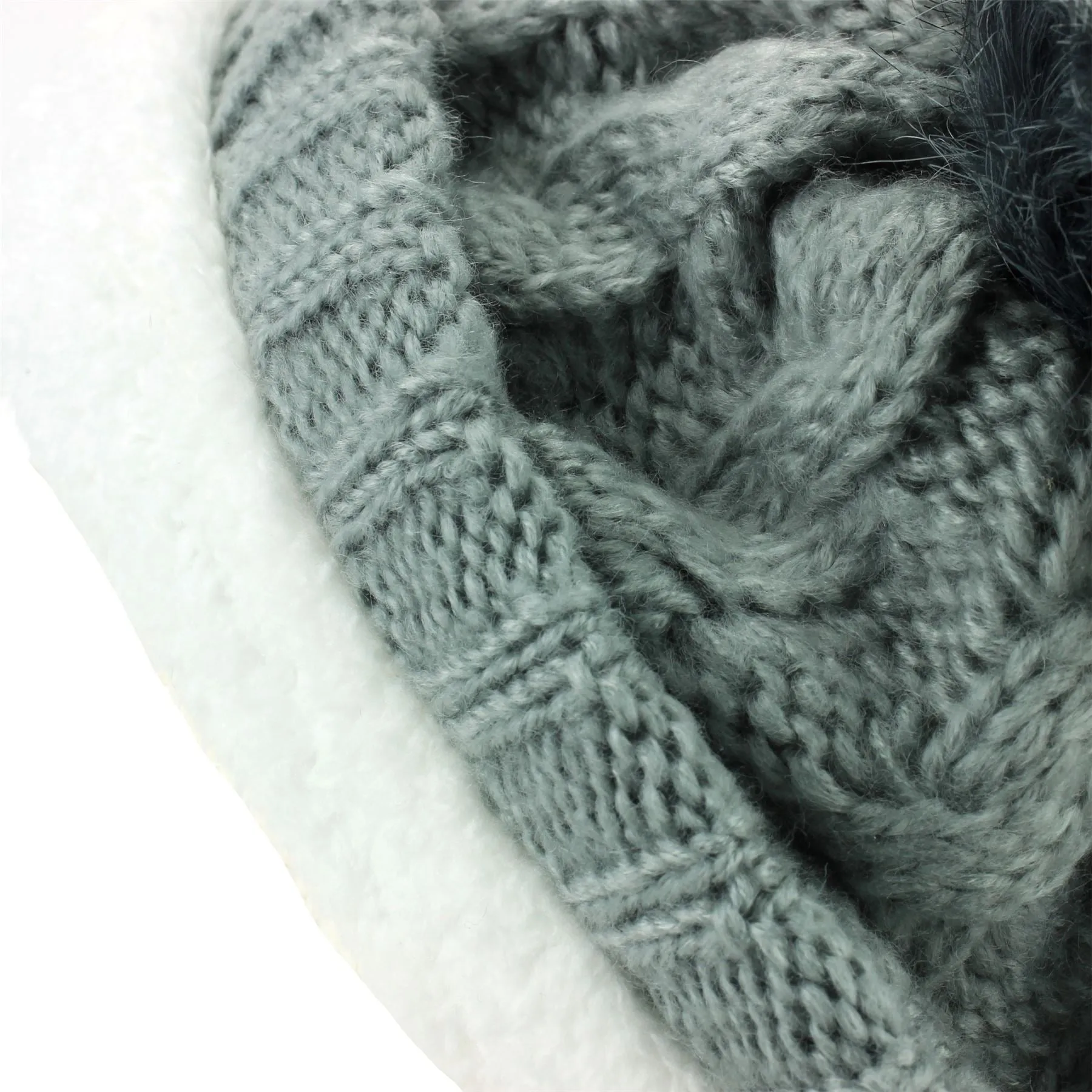 Twisted Rib Knitted Hat with Matching Colour Bobble - Light Grey