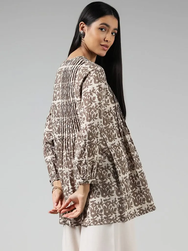 Utsa Grey Printed Cotton Pintuck Tunic