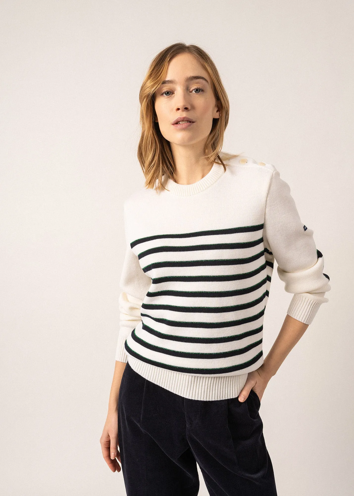 VERDON - Wool Sweater with Jacquard Elbows and Green Lurex Details (WHITE / NAVY / GREEN)