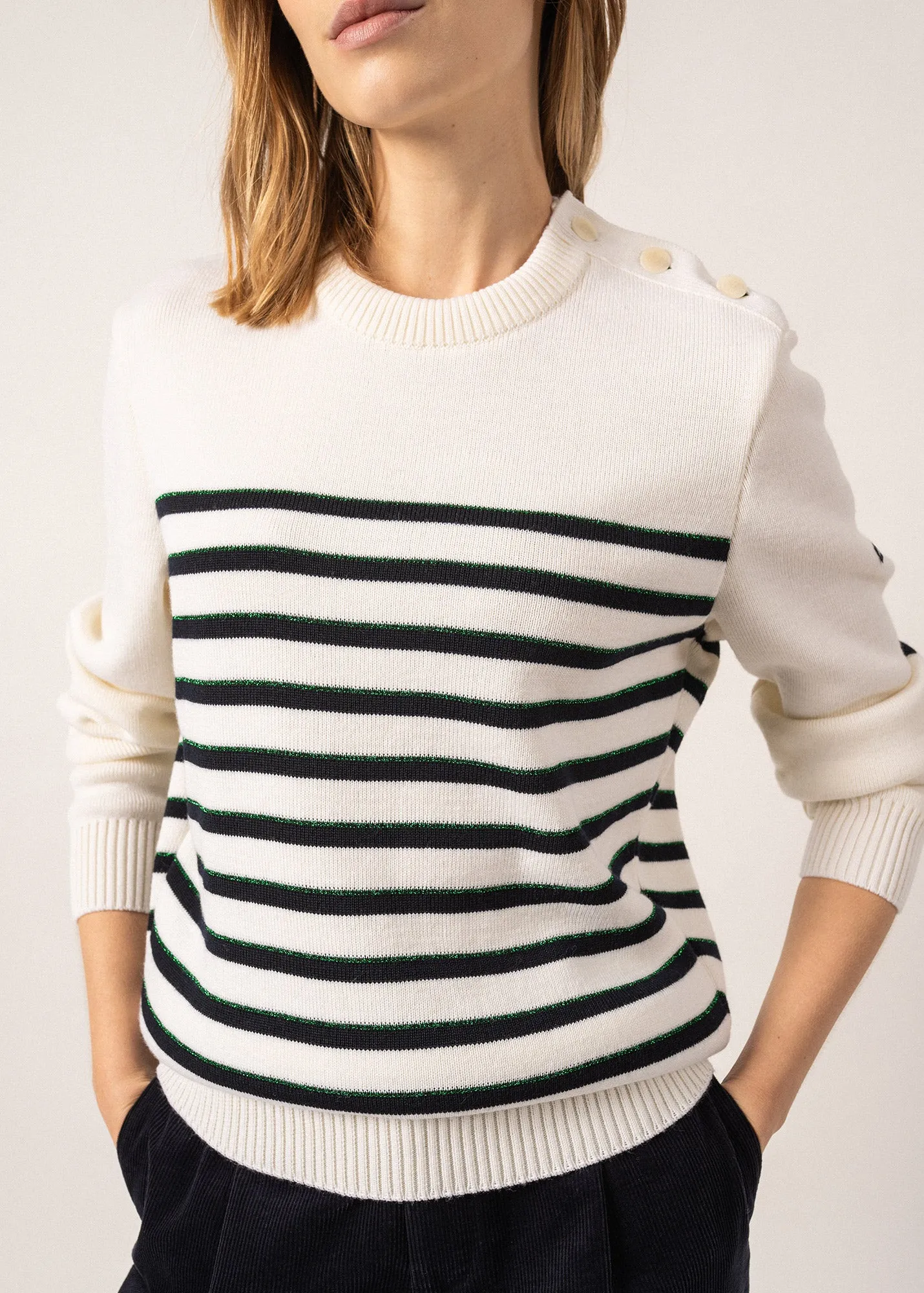 VERDON - Wool Sweater with Jacquard Elbows and Green Lurex Details (WHITE / NAVY / GREEN)