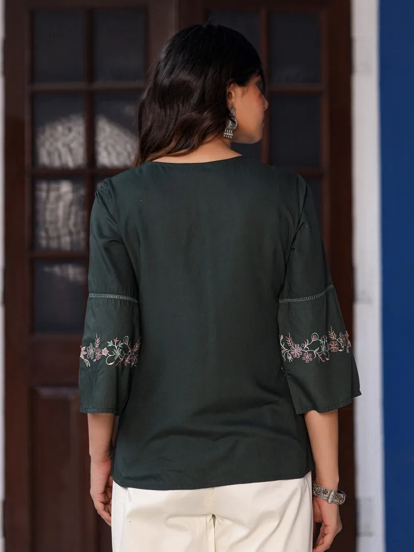 Women Green Rayon Solid With Embroidered Tunic