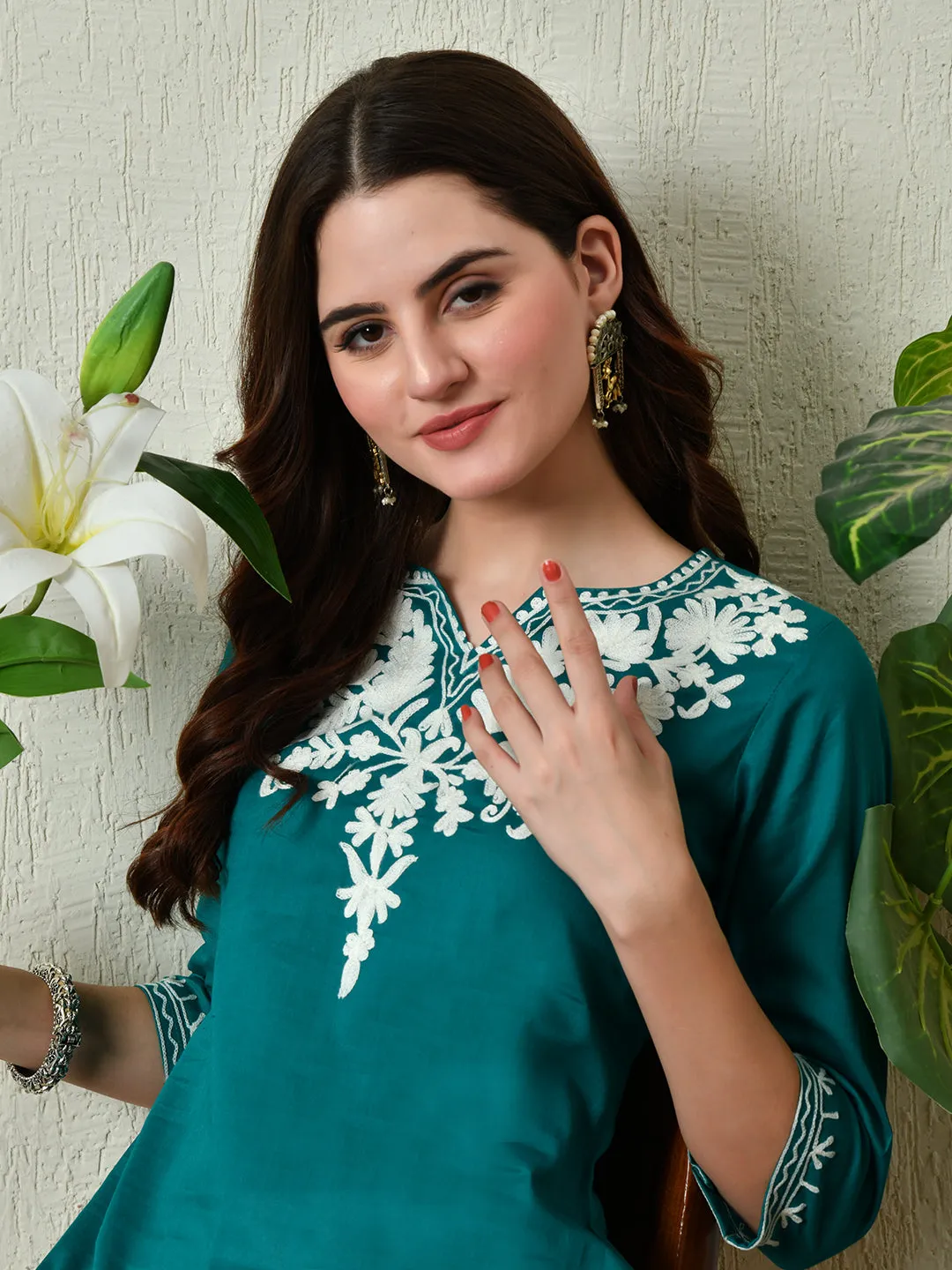 Women Stylish Turquoise Cotton Short Kurti With Elegant Work