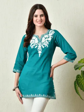 Women Stylish Turquoise Cotton Short Kurti With Elegant Work