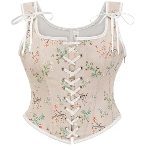 Women Vintage Floral Flower Embroidery Pattern Drawstring Tie-up Suspender Corset