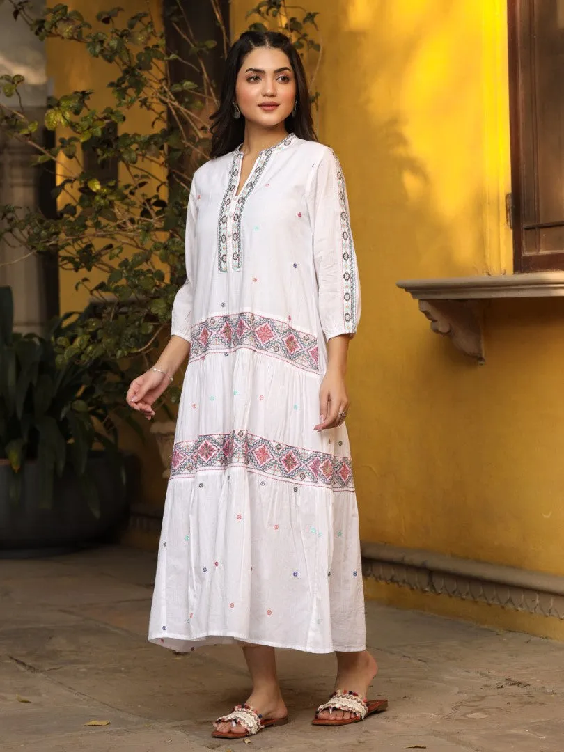 Women White Cotton Cambric Embroidered Tiered Maxi Dress