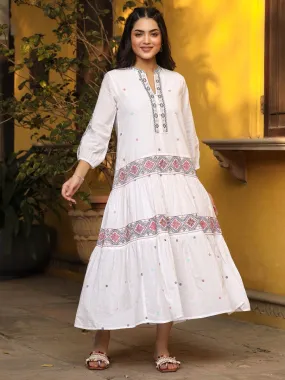 Women White Cotton Cambric Embroidered Tiered Maxi Dress