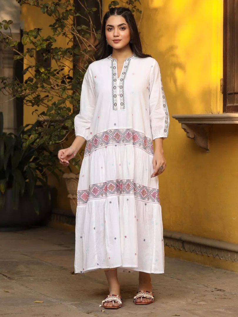 Women White Cotton Cambric Embroidered Tiered Maxi Dress