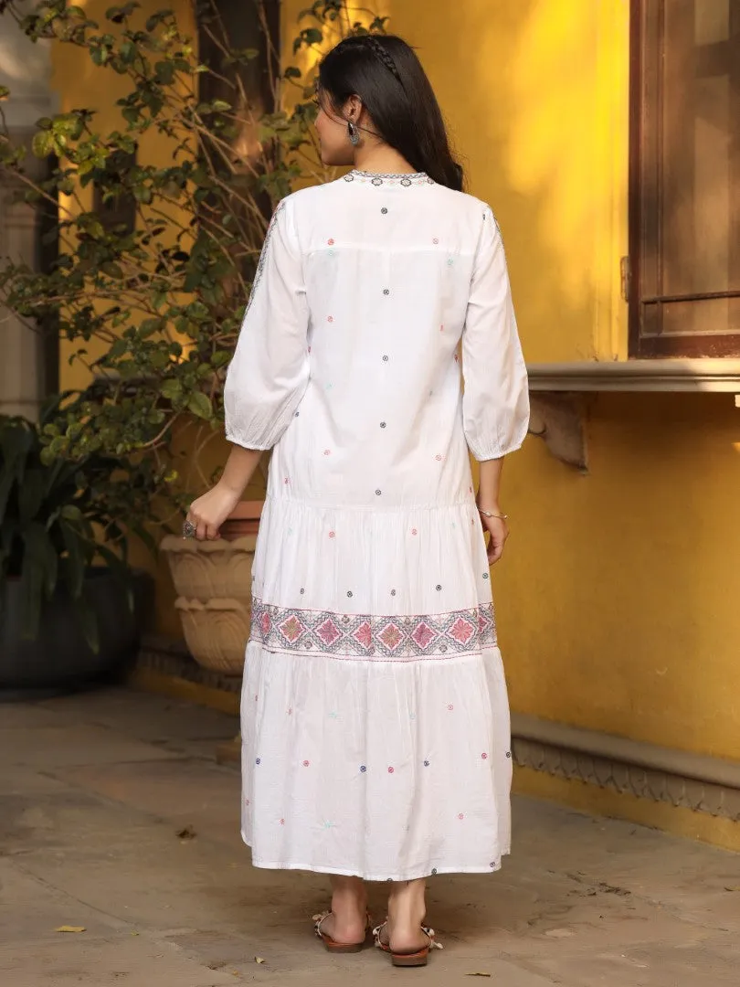 Women White Cotton Cambric Embroidered Tiered Maxi Dress