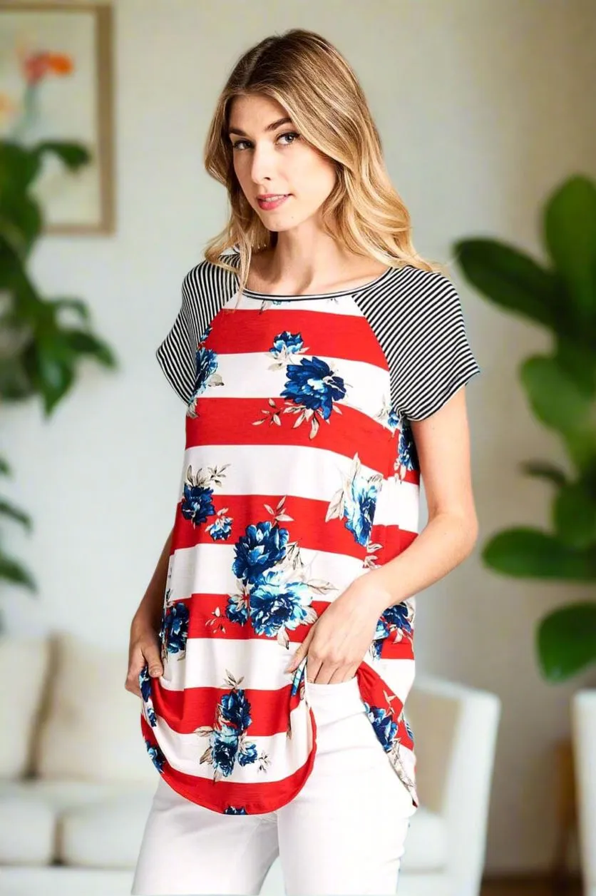 Womens Floral Striped Top, 4th of July Shirt, Plus Sizes 1xl/2xl/3xl, Red/White/Blue