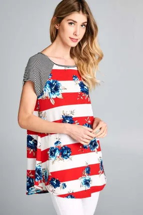 Womens Floral Striped Top, 4th of July Shirt, Sizes 1xl/2xl/3xl, Red/White/Blue