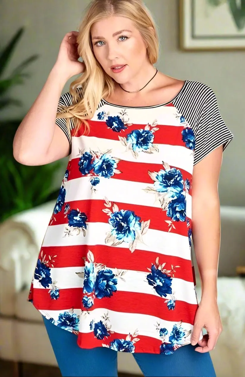 Womens Floral Striped Top, 4th of July Shirt, Sizes S/M/L, Red/White/Blue