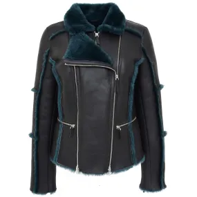 Womens Sheepskin Aviator Pilot Jacket Valerie Black Green