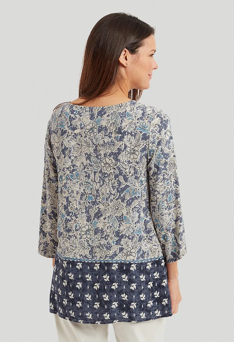 Woodcut Floral Border Izzy Tunic - Blue Mix