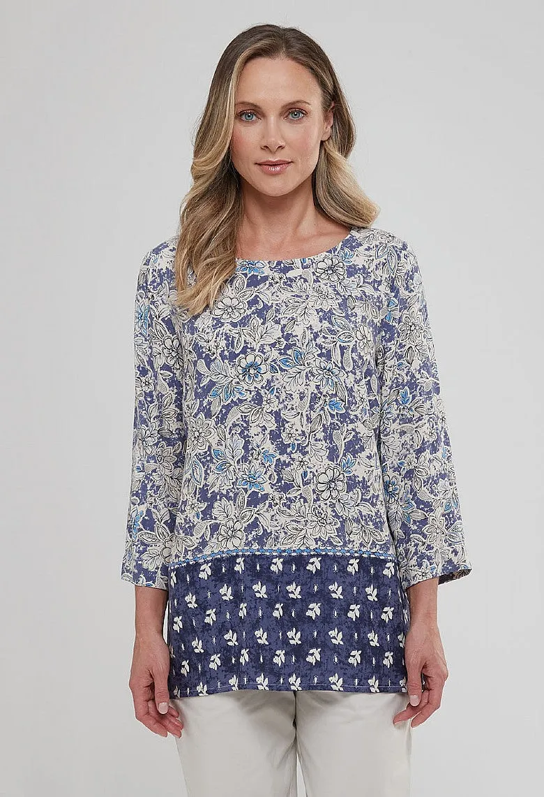 Woodcut Floral Border Izzy Tunic - Blue Mix