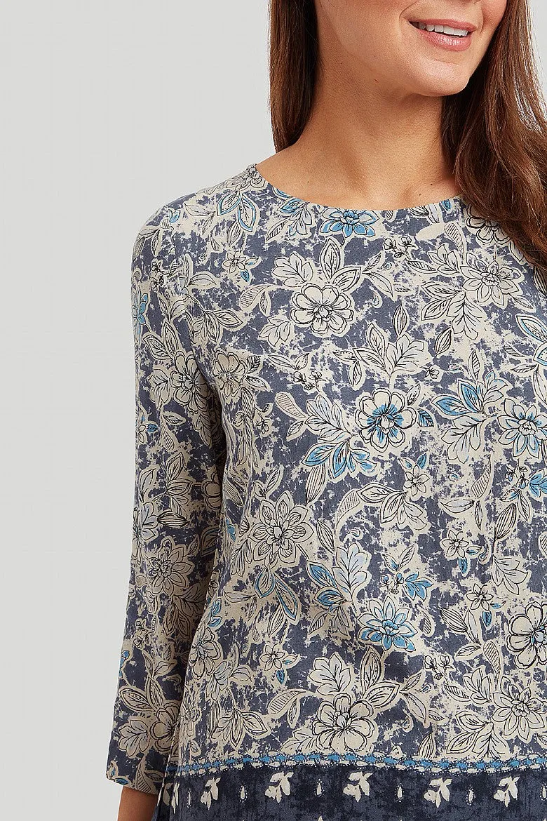 Woodcut Floral Border Izzy Tunic - Blue Mix