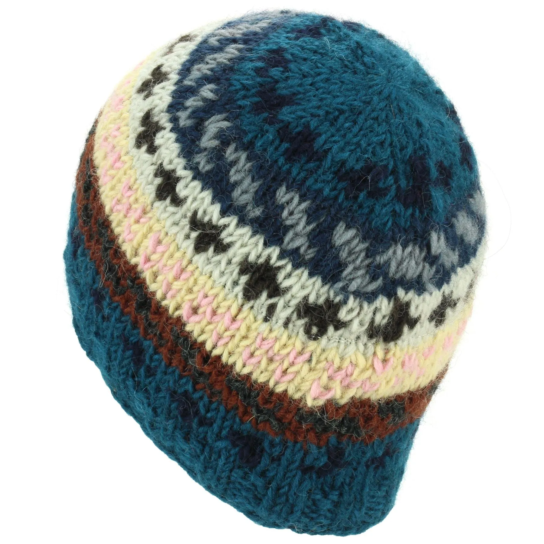 Wool Knit Beanie Hat - Stripe Navy Pink Pattern