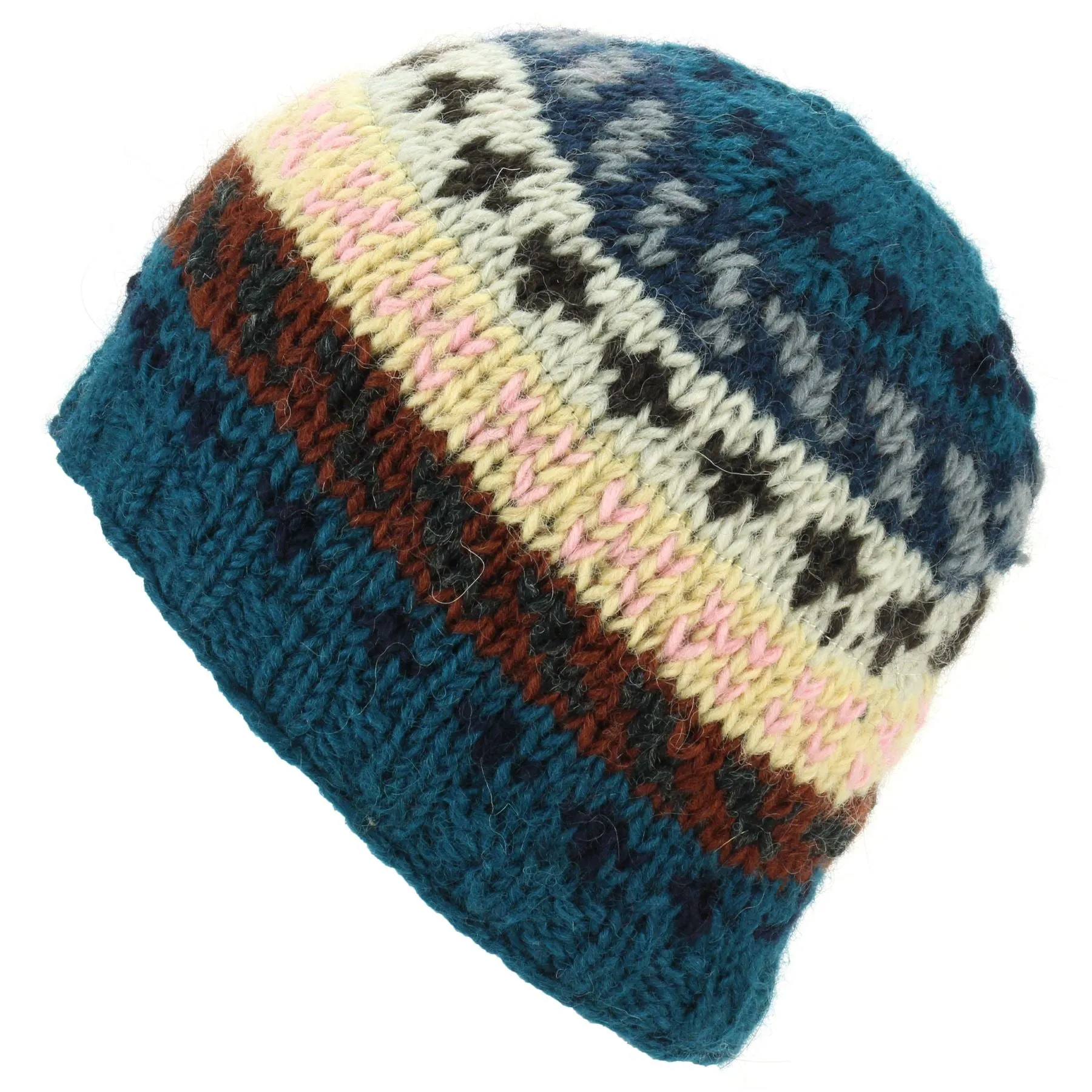 Wool Knit Beanie Hat - Stripe Navy Pink Pattern