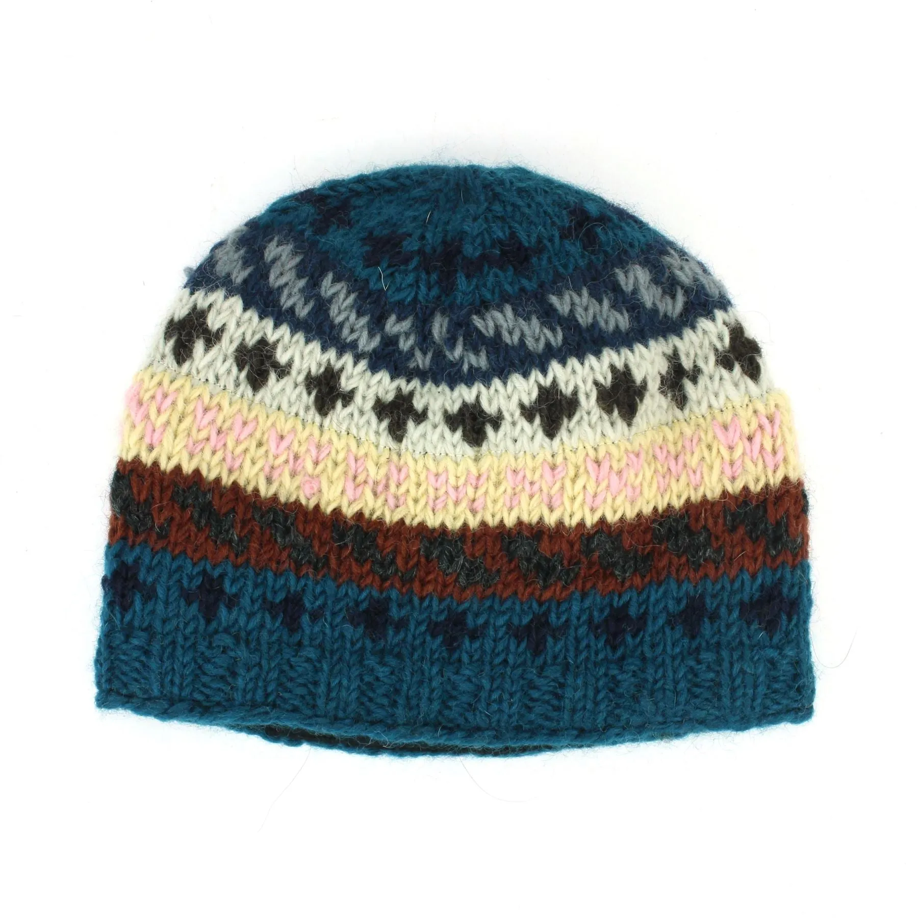 Wool Knit Beanie Hat - Stripe Navy Pink Pattern