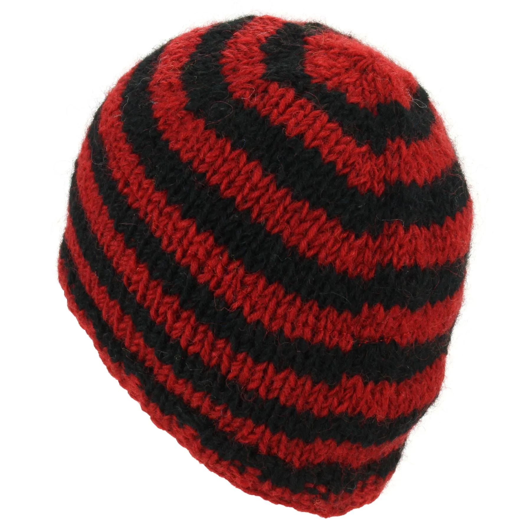 Wool Knit Beanie Hat - Stripe Red Black