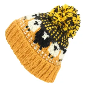 Wool Knit Bobble Beanie Hat - Sheep - Mustard Brown