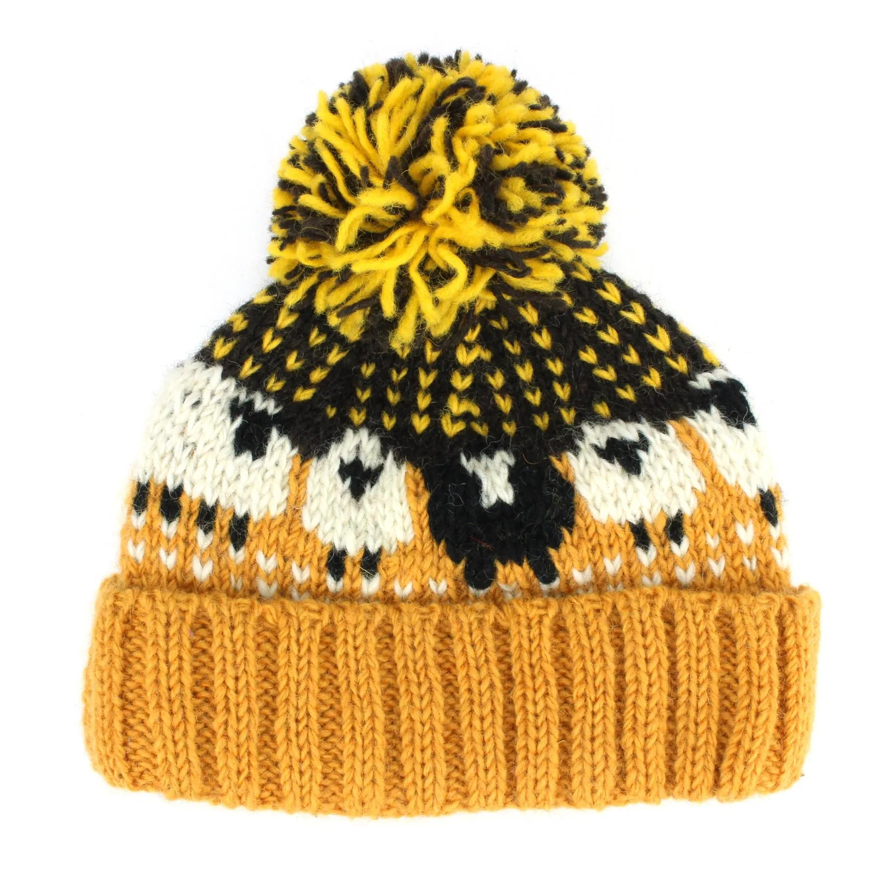 Wool Knit Bobble Beanie Hat - Sheep - Mustard Brown