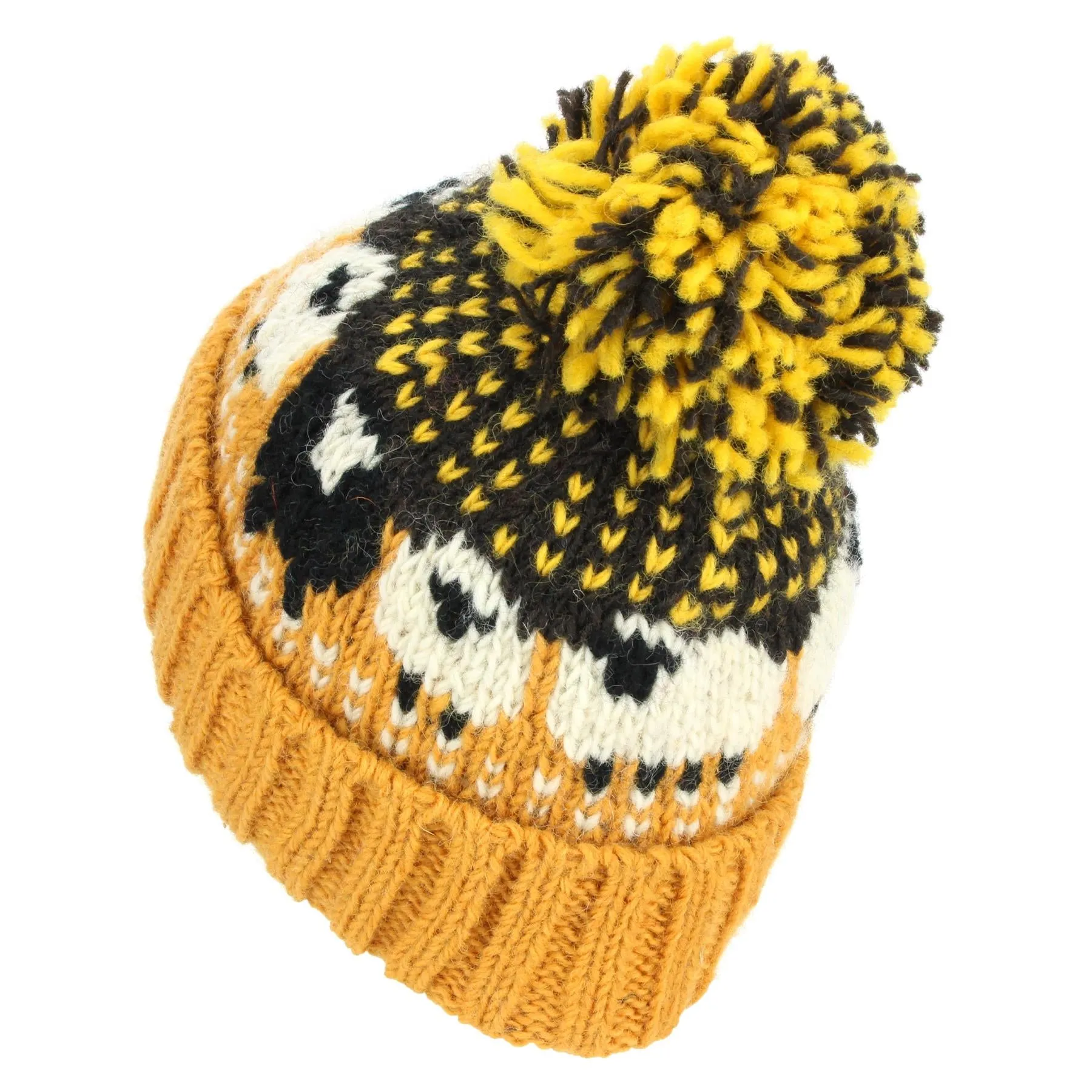 Wool Knit Bobble Beanie Hat - Sheep - Mustard Brown