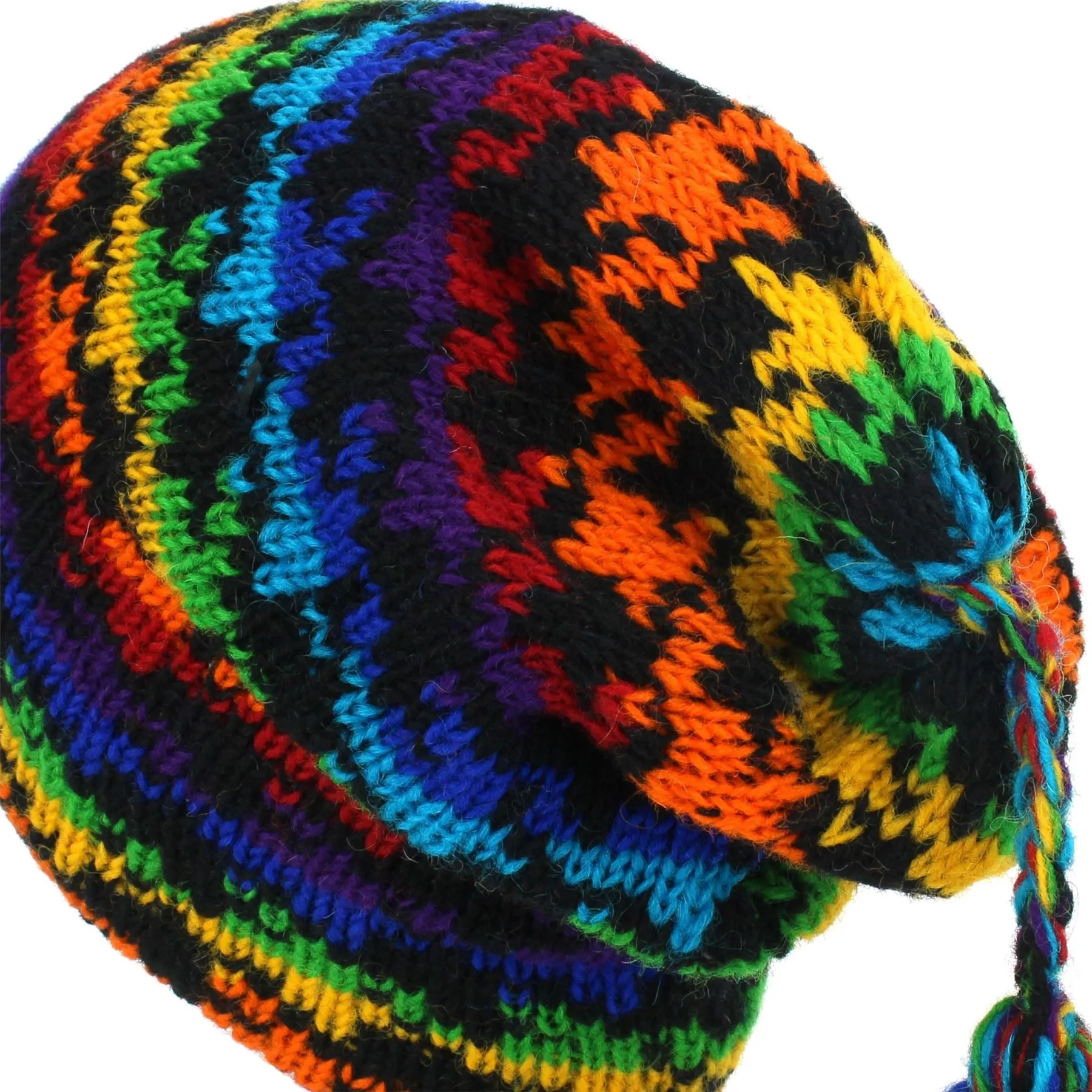 Wool Knit Tassel Beanie Hat - Rainbow Houndstooth